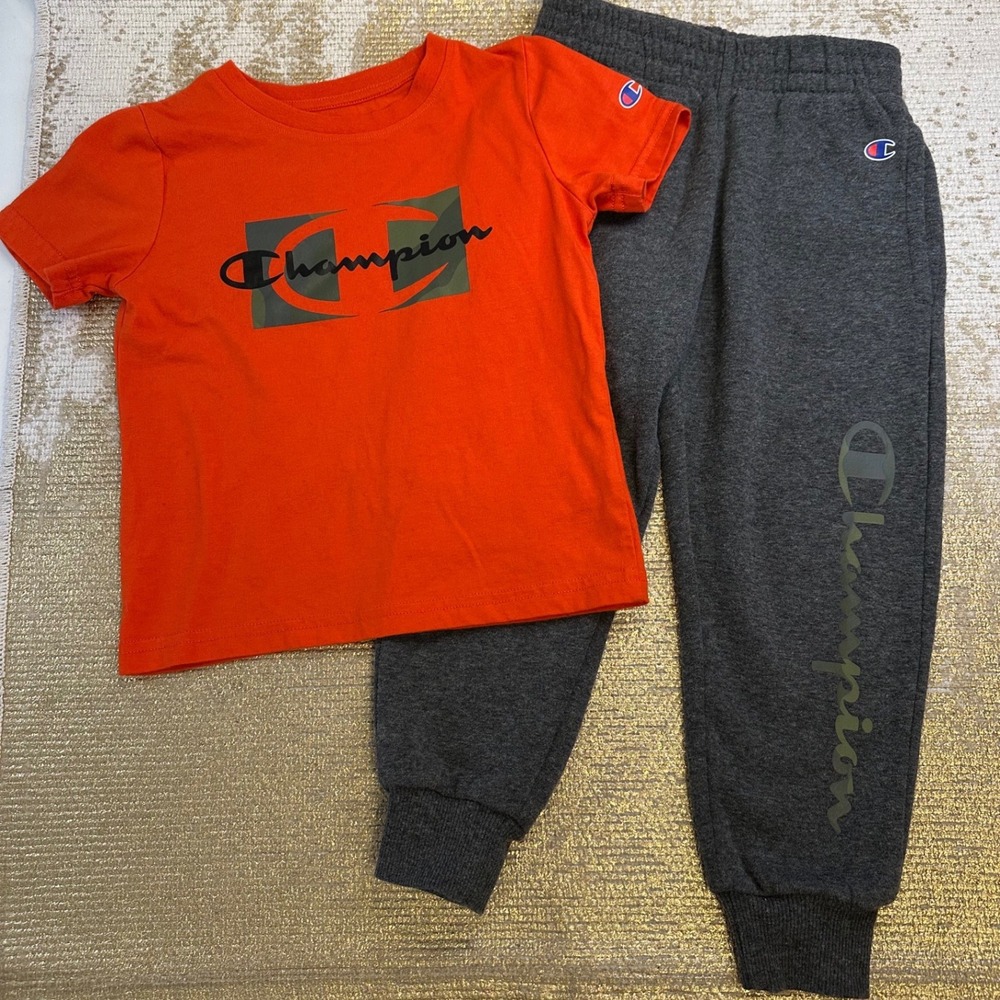 CHAMPION Boys Orange Grey & Camo Matching Outfit Short Sleeve Shirt Sweatpant 4T